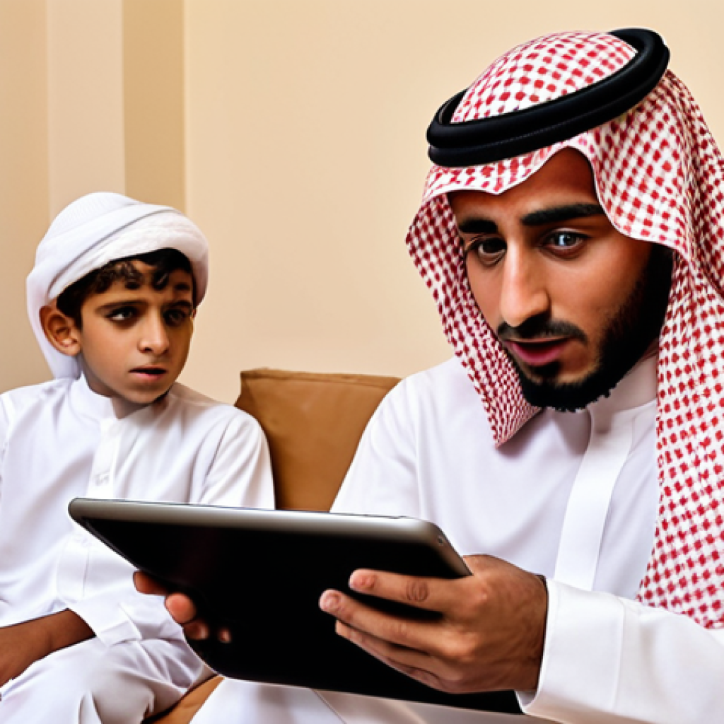 ** A young entrepreneur in Riyadh, Saudi Arabia, sitting with his family, passionately explaining his startup idea using a presentation on a tablet. He looks determined and optimistic despite the initial skepticism. The setting is a traditional, yet modern Saudi home.

**