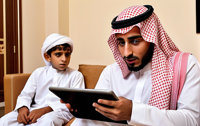 ** A young entrepreneur in Riyadh, Saudi Arabia, sitting with his family, passionately explaining his startup idea using a presentation on a tablet. He looks determined and optimistic despite the initial skepticism. The setting is a traditional, yet modern Saudi home.
**