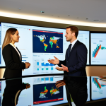 A diverse group of four business professionals, two men and two women, engaged in a productive discussion around a large, sleek conference table. All subjects are dressed in modern, modest business attire, including tailored suits and smart professional dresses. The setting is a bright, high-tech international corporate boardroom with large digital screens displaying global market data. The atmosphere is collaborative and professional. professional photography, high resolution, soft studio lighting, natural pose, perfect anatomy, correct proportions, well-formed hands, proper finger count, natural body proportions, safe for work, appropriate content, fully clothed, professional, modest clothing, appropriate attire, professional dress, family-friendly.
