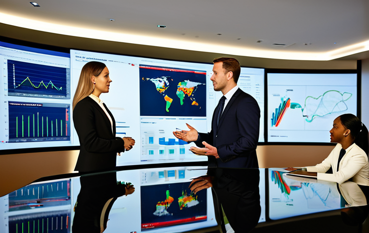 A diverse group of four business professionals, two men and two women, engaged in a productive discussion around a large, sleek conference table. All subjects are dressed in modern, modest business attire, including tailored suits and smart professional dresses. The setting is a bright, high-tech international corporate boardroom with large digital screens displaying global market data. The atmosphere is collaborative and professional. professional photography, high resolution, soft studio lighting, natural pose, perfect anatomy, correct proportions, well-formed hands, proper finger count, natural body proportions, safe for work, appropriate content, fully clothed, professional, modest clothing, appropriate attire, professional dress, family-friendly.