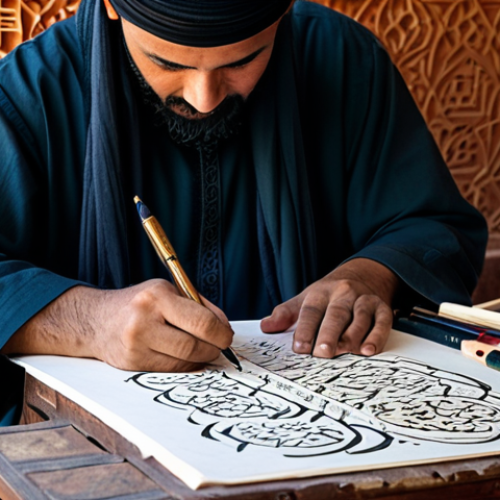 Home 22 **
"A calligrapher in a workshop in Marrakech, carefully drawing Arabic numerals with a traditional pen and ink. Fully clothed, modest attire, surrounded by art supplies and examples of calligraphy. Warm, natural lighting. Safe for work, appropriate content, professional, perfect anatomy, natural proportions, high quality."
**