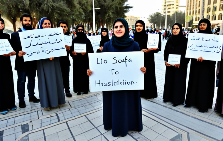 Citizen Voices in the Arab World**
"A diverse group of fully clothed people participating in a peaceful demonstration in a modern city square in the Middle East. Some are holding signs with positive messages. The atmosphere is hopeful yet determined. Appropriate attire, safe for work, perfect anatomy, correct proportions, natural pose, professional photography, high quality, modest, family-friendly."
**