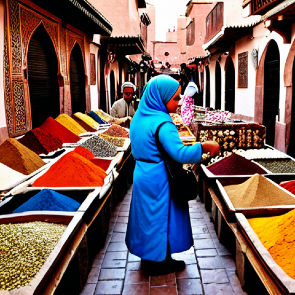 Souk Scene**

A vibrant and bustling souk in Marrakech, Morocco. Merchants are displaying colorful spices, textiles, and jewelry. People are fully clothed in traditional Moroccan attire, haggling playfully. In the background, there are detailed architectural elements with intricate patterns. "Safe for work", "appropriate content", "fully clothed", "modest", "perfect anatomy", "correct proportions", "professional photography", "high quality".

**