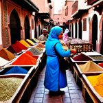 Souk Scene**

A vibrant and bustling souk in Marrakech, Morocco. Merchants are displaying colorful spices, textiles, and jewelry. People are fully clothed in traditional Moroccan attire, haggling playfully. In the background, there are detailed architectural elements with intricate patterns. "Safe for work", "appropriate content", "fully clothed", "modest", "perfect anatomy", "correct proportions", "professional photography", "high quality".

**