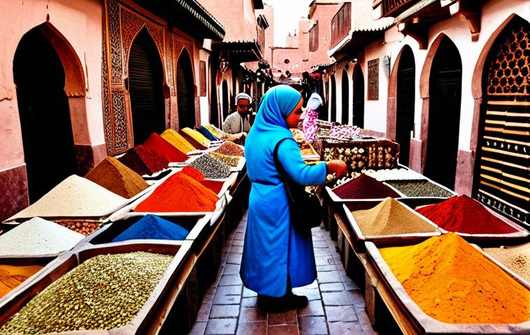 Souk Scene**
A vibrant and bustling souk in Marrakech, Morocco. Merchants are displaying colorful spices, textiles, and jewelry. People are fully clothed in traditional Moroccan attire, haggling playfully. In the background, there are detailed architectural elements with intricate patterns. "Safe for work", "appropriate content", "fully clothed", "modest", "perfect anatomy", "correct proportions", "professional photography", "high quality".
**
