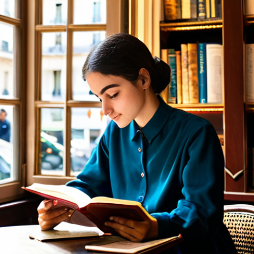 Home 6 아랍어 교육 기관 추천 - **
"A Parisian student in a modest dress, engrossed in a classic Arabic novel at a café in Saint-Ge...