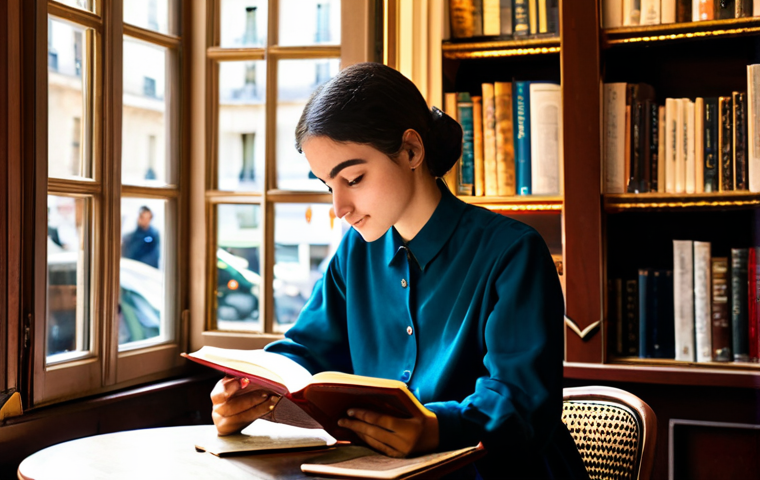 아랍어 교육 기관 추천 - **
"A Parisian student in a modest dress, engrossed in a classic Arabic novel at a café in Saint-Ge...