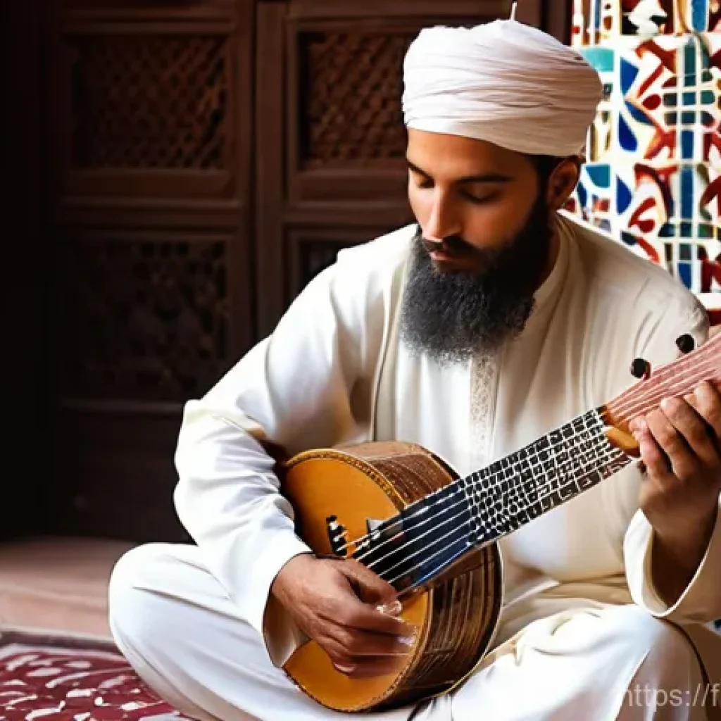 아랍어권에서의 전통 음악 - **Prompt 1: The Soulful Oud Performance**
    "A captivating close-up portrait of a male oud player,...