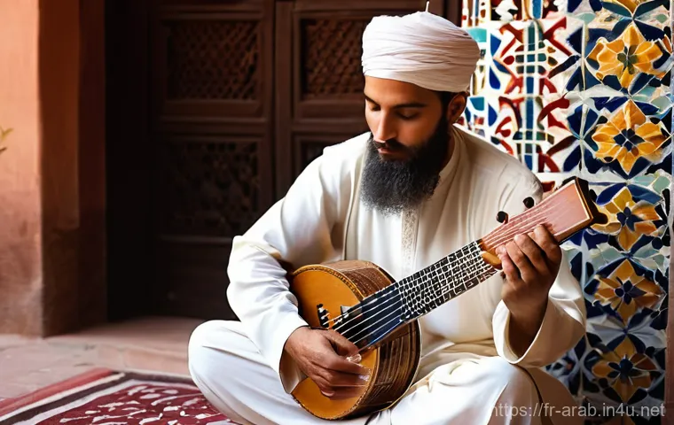 아랍어권에서의 전통 음악 - **Prompt 1: The Soulful Oud Performance**
"A captivating close-up portrait of a male oud player,...
