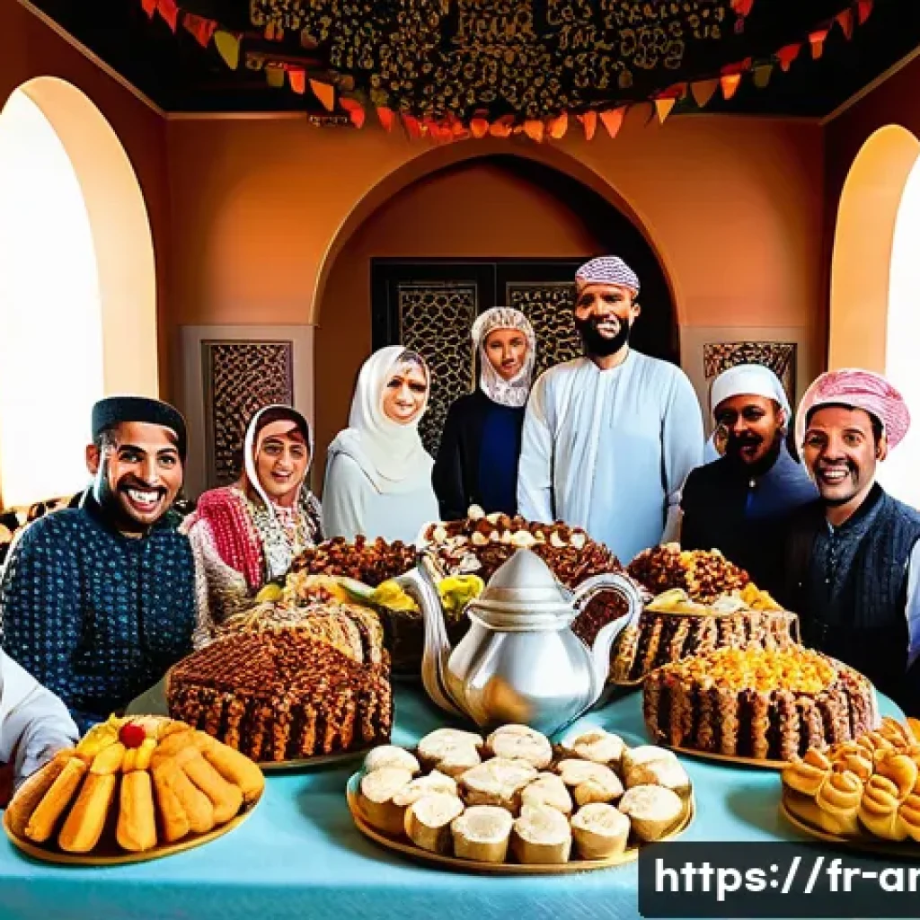 아랍어권에서의 명절과 축제 - **Prompt for Eid al-Fitr Family Feast:**
A vibrant and joyful scene depicting an Eid al-Fitr cel...