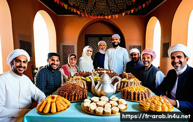 아랍어권에서의 명절과 축제 - **Prompt for Eid al-Fitr Family Feast:**
    A vibrant and joyful scene depicting an Eid al-Fitr cel...