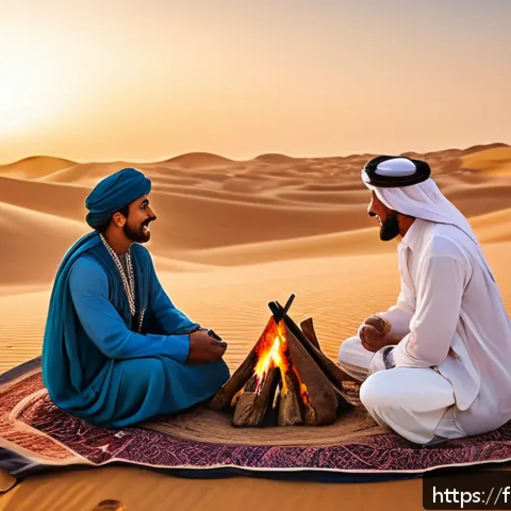 아랍어 소설 쓰기 - A richly detailed scene set in a traditional Arabian desert village at sunset, featuring local men a...