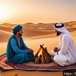 Home 22 아랍어 소설 쓰기 - A richly detailed scene set in a traditional Arabian desert village at sunset, featuring local men a...