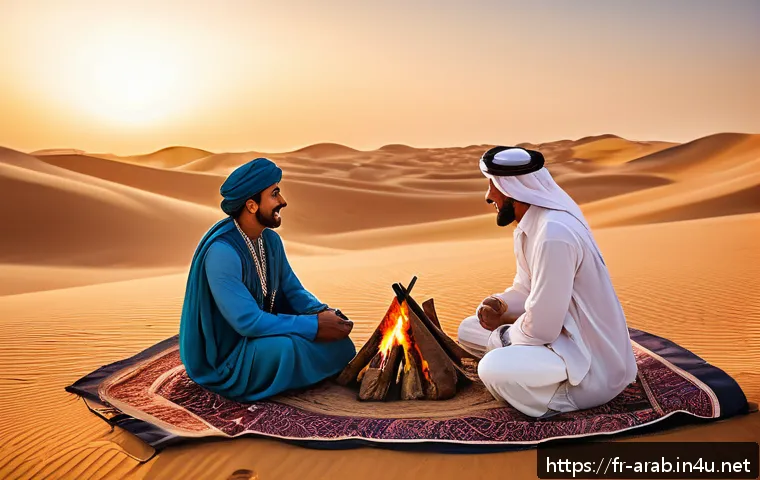 아랍어 소설 쓰기 - A richly detailed scene set in a traditional Arabian desert village at sunset, featuring local men a...