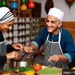 Home 21 아랍어 스터디 그룹 - A vibrant Arabic cooking workshop scene in a cozy, warmly lit kitchen filled with diverse participan...