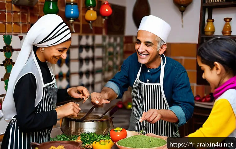 아랍어 스터디 그룹 - A vibrant Arabic cooking workshop scene in a cozy, warmly lit kitchen filled with diverse participan...
