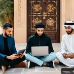 Home 20 아랍어권에서 소셜미디어 활용법 - A vibrant social media marketing scene set in a modern Middle Eastern urban environment, featuring a...
