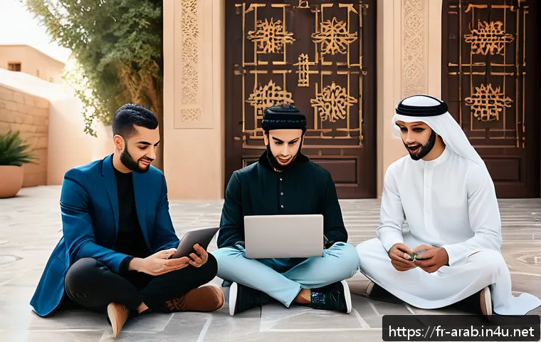 아랍어권에서 소셜미디어 활용법 - A vibrant social media marketing scene set in a modern Middle Eastern urban environment, featuring a...