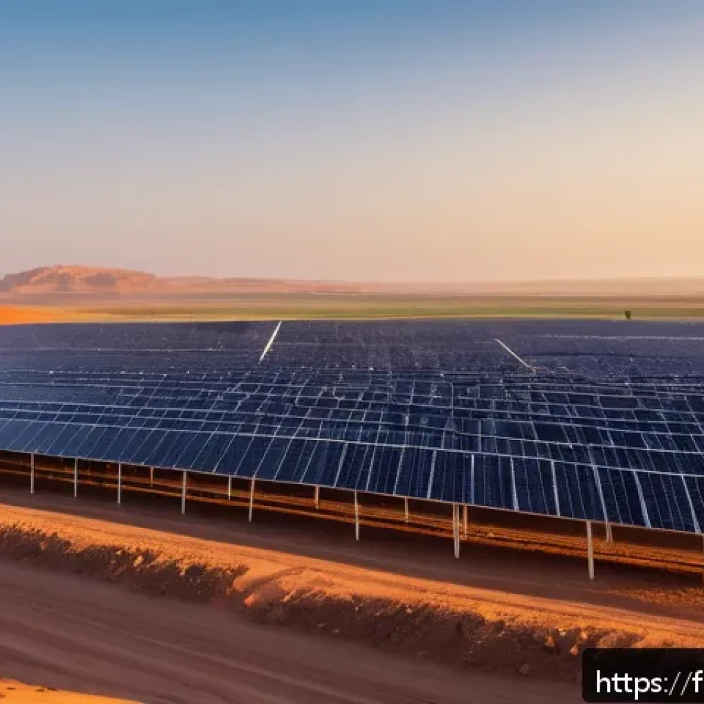 아랍어권에서의 경제 전망 - A vibrant solar energy farm in Morocco at sunrise, showcasing rows of modern solar panels stretching...
