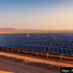 Home 19 아랍어권에서의 경제 전망 - A vibrant solar energy farm in Morocco at sunrise, showcasing rows of modern solar panels stretching...