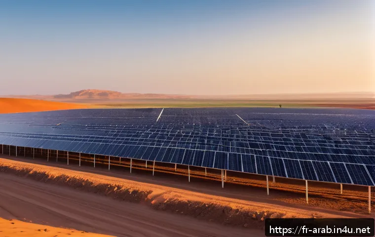 아랍어권에서의 경제 전망 - A vibrant solar energy farm in Morocco at sunrise, showcasing rows of modern solar panels stretching...
