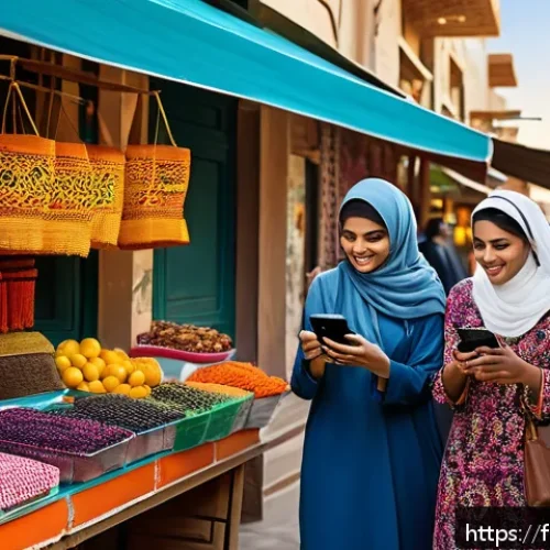 Home 30 아랍어권에서의 전자상거래 시장 - A vibrant Middle Eastern urban street scene at sunset, showcasing diverse young adults using smartph...