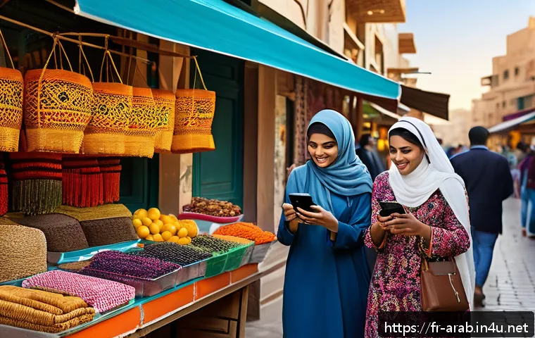아랍어권에서의 전자상거래 시장 - A vibrant Middle Eastern urban street scene at sunset, showcasing diverse young adults using smartph...