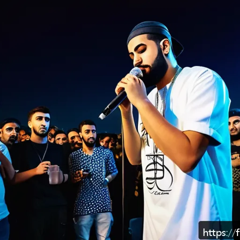 아랍어 랩 음악 - A dynamic scene of an Arab rap concert in a vibrant urban setting at night, featuring diverse young ...