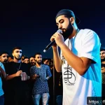 Home 23 아랍어 랩 음악 - A dynamic scene of an Arab rap concert in a vibrant urban setting at night, featuring diverse young ...