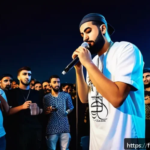 Home 17 아랍어 랩 음악 - A dynamic scene of an Arab rap concert in a vibrant urban setting at night, featuring diverse young ...