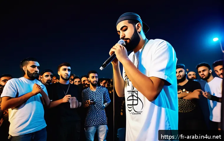 아랍어 랩 음악 - A dynamic scene of an Arab rap concert in a vibrant urban setting at night, featuring diverse young ...
