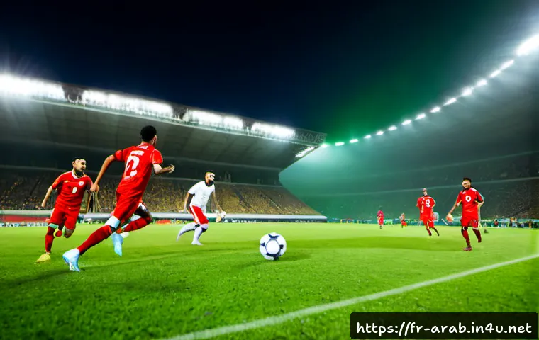 Home 17 아랍어권에서 인기 있는 스포츠 - Photorealistic football match at sunset in a modern North African stadium, diverse Arab players in p...