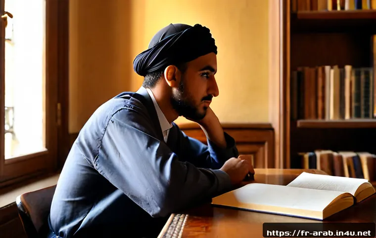 아랍어 시인과 문학가 - Photorealistic portrait of an Arab poet seated at a sunlit wooden desk in a historic Paris apartment...