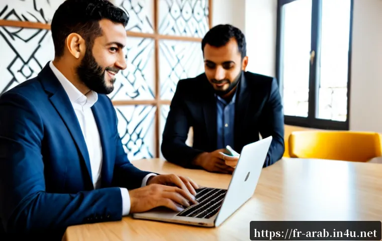 Home 17 아랍어권에서의 링크드인 활용법 - Photorealistic professional networking scene in a modern Casablanca coworking space, a French-speaki...